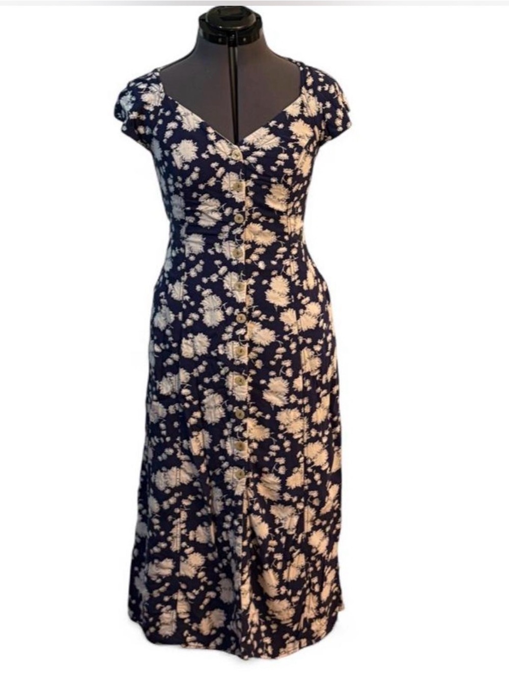 Maeve Anthropologie Navy and Ivory Floral Midi Dress
